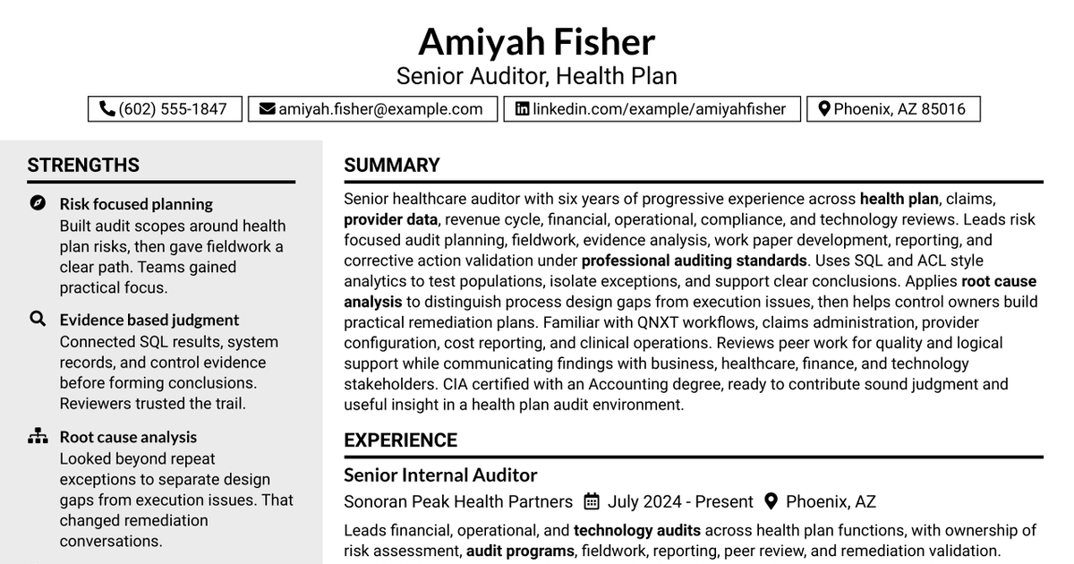 7 Senior Auditor - Health Plan Resume Templates with Example