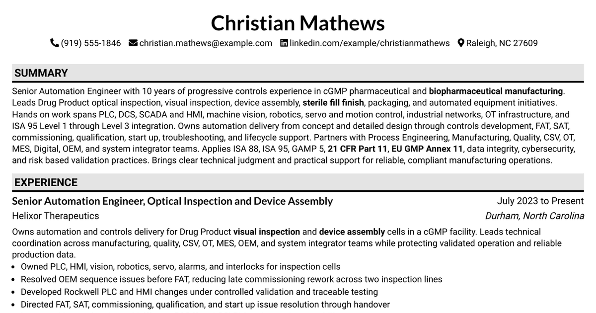 7 Senior Automation Engineer, Optical Inspection/Device Assembly Resume Templates with Example