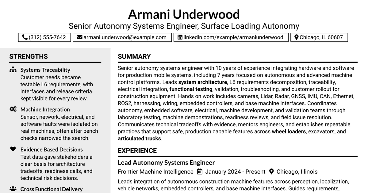 7 Senior Autonomy Systems Engineer - Surface Loading Autonomy Resume Templates with Example