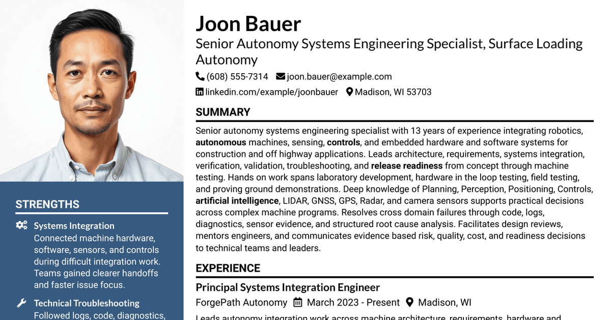 7 Senior Autonomy Systems Engineering Specialist - Surface Loading Autonomy Resume Templates with Example
