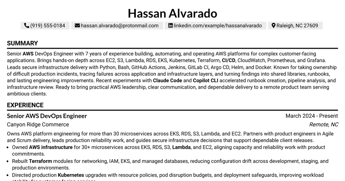 33 Senior AWS DevOps Engineer Resume Templates with Example 2026 (ATS-Optimized)