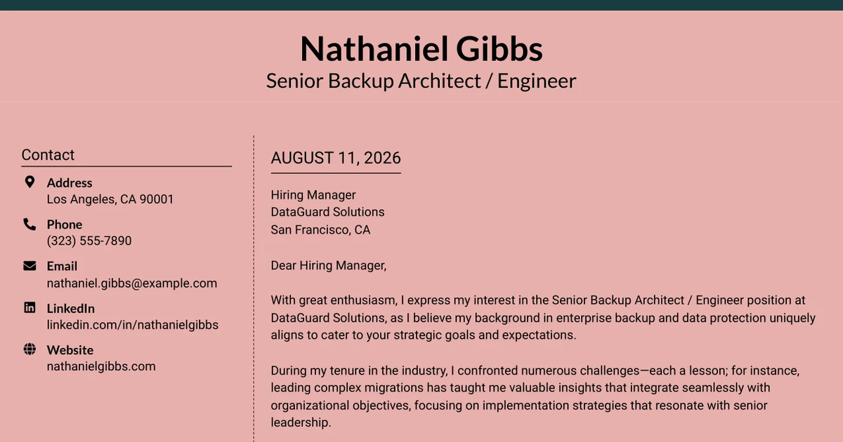 30+ Senior Backup Architect / Engineer Cover Letter Templates with Example 2026