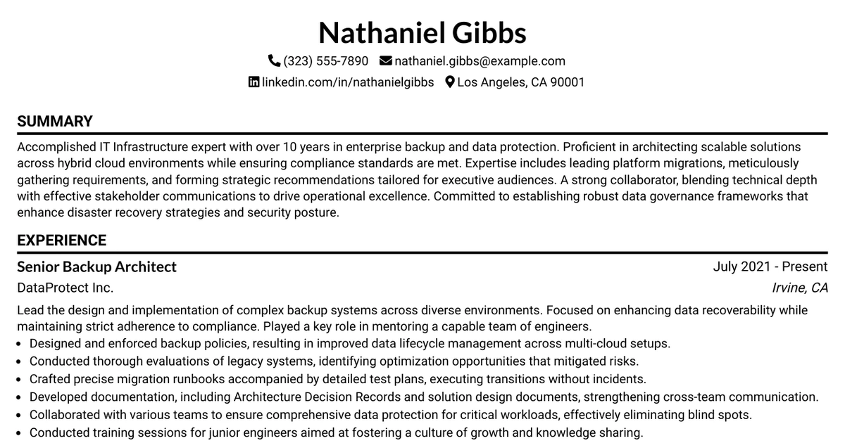33 Senior Backup Architect / Engineer Resume Templates with Example 2026 (ATS-Optimized)