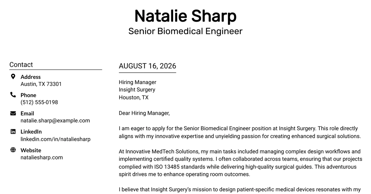 30+ Senior Biomedical Engineer Cover Letter Templates with Example 2026