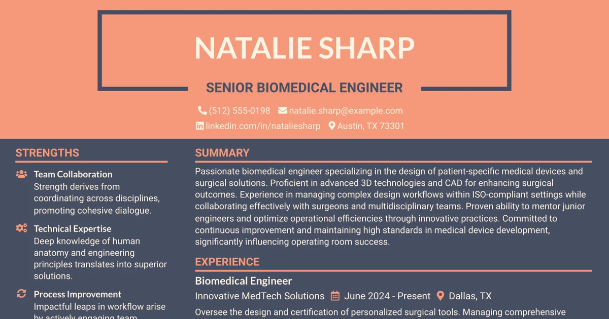 33 Senior Biomedical Engineer Resume Templates with Example 2026 (ATS-Optimized)