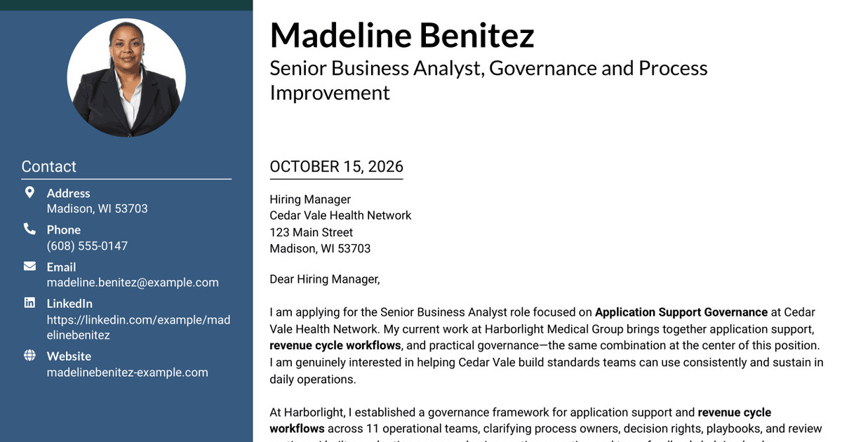 7 Senior Business Analyst - Application Support Governance Cover Letter Templates with Example