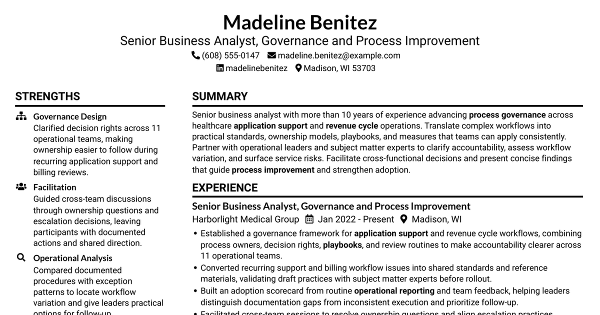 7 Senior Business Analyst - Application Support Governance Resume Templates with Example