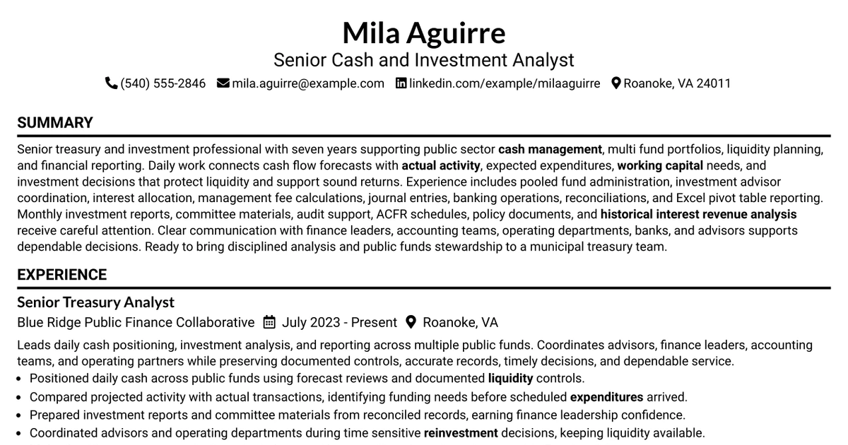 33 Senior Cash & Investment Analyst - Municipal Treasury Management Resume Templates with Example 2026 (ATS-Optimized)
