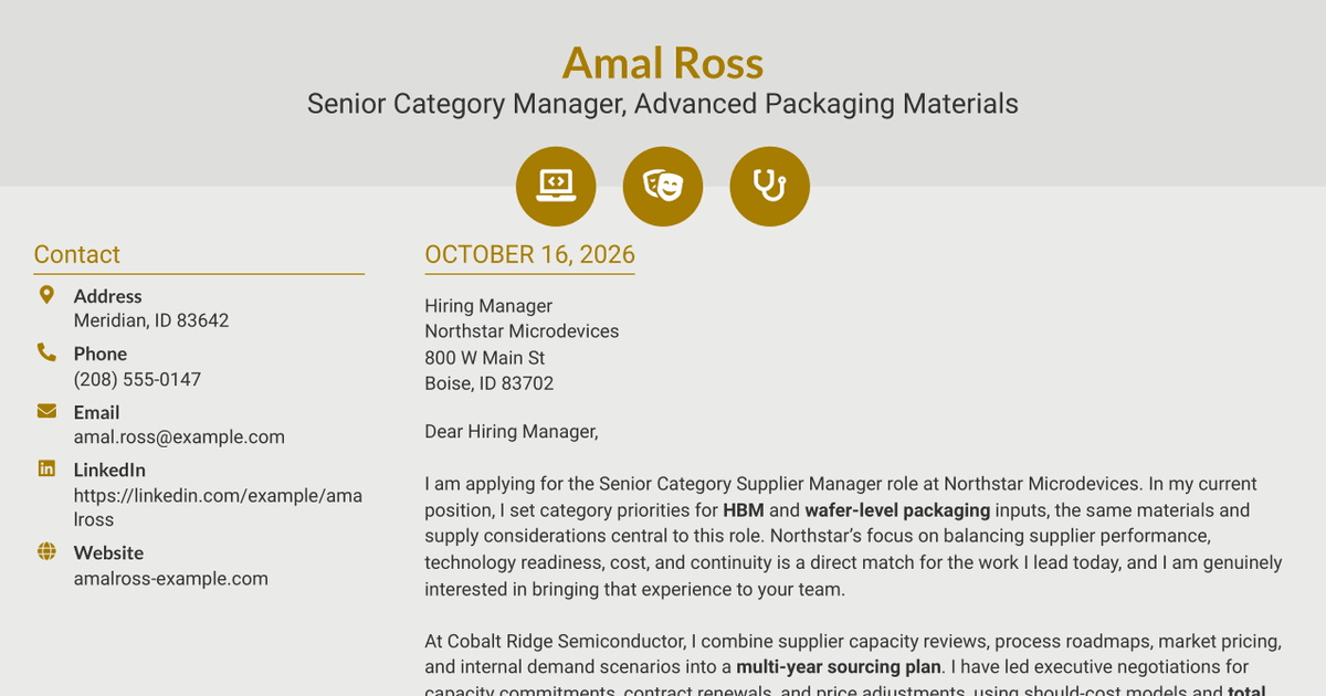 7 Senior Category Supplier Manager - Advanced Packaging Materials (HBM) Cover Letter Templates with Example