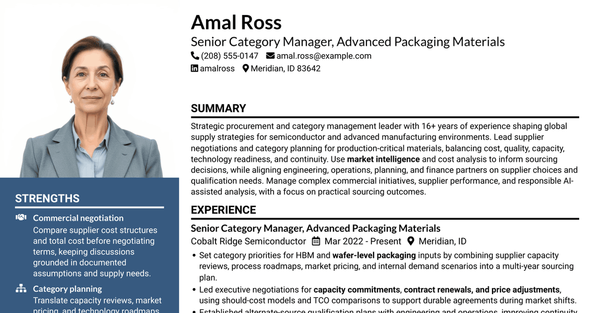7 Senior Category Supplier Manager - Advanced Packaging Materials (HBM) Resume Templates with Example