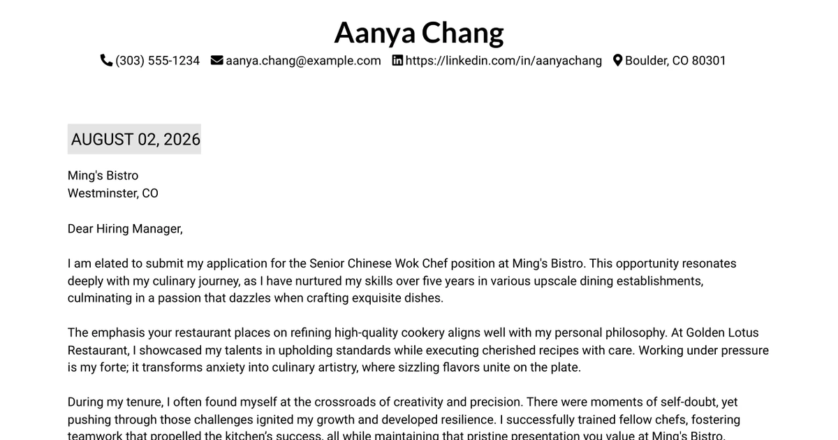 30+ Senior Chinese Wok Chef Cover Letter Templates with Example 2026