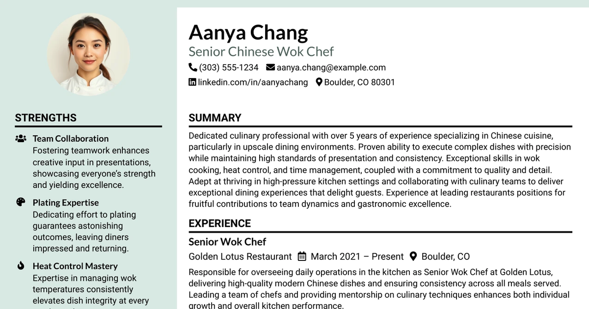 33 Senior Chinese Wok Chef Resume Templates with Example 2026 (ATS-Optimized)