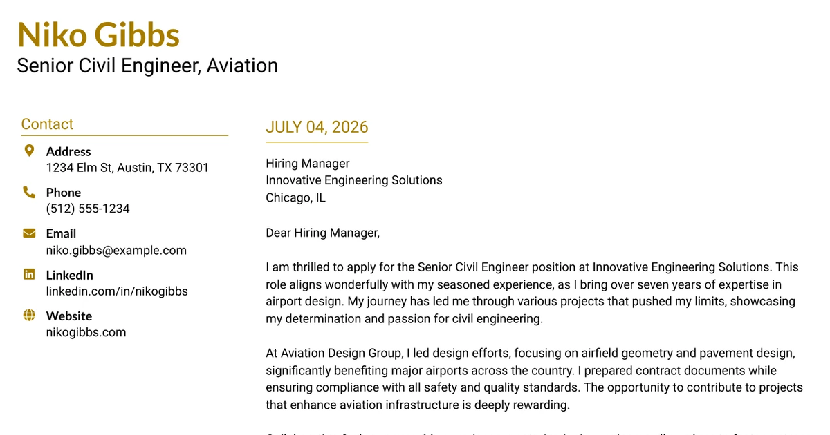 30+ Senior Civil Engineer, Aviation Cover Letter Templates with Example 2026