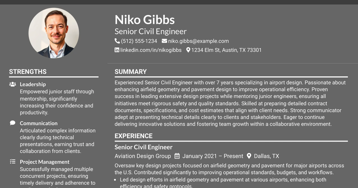 33 Senior Civil Engineer, Aviation Resume Templates with Example 2026 (ATS-Optimized)