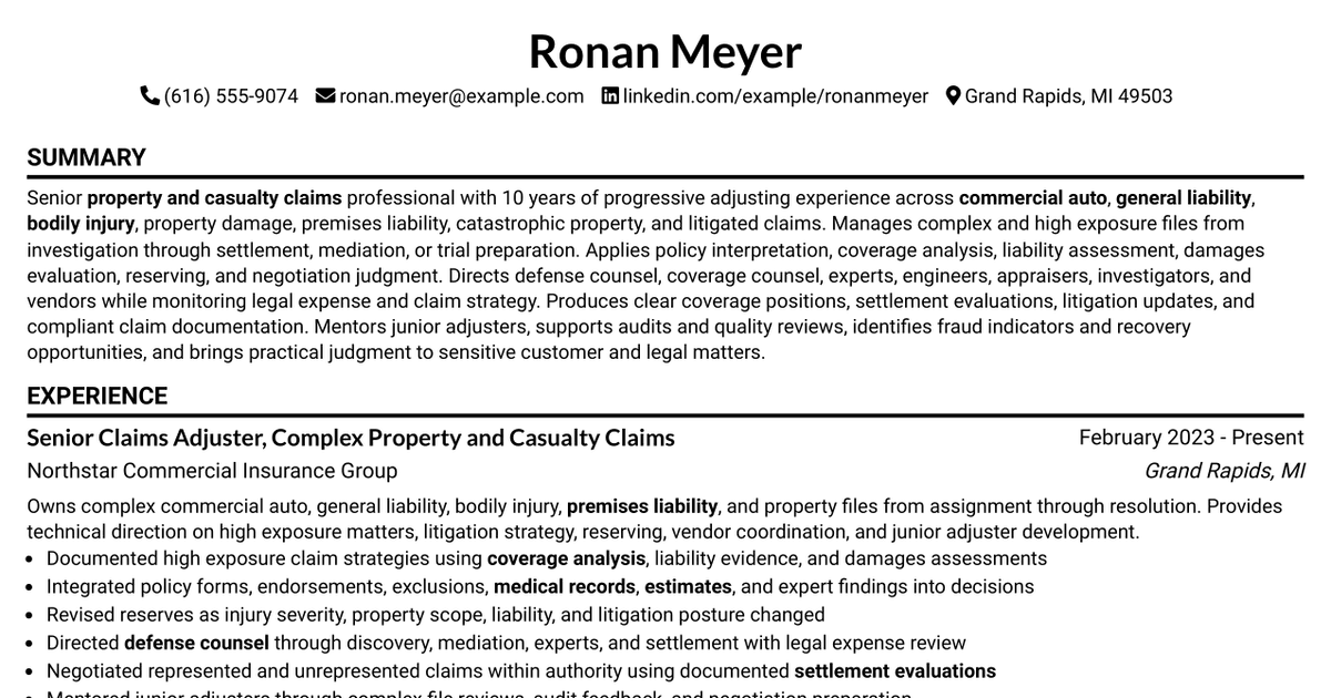 7 Senior Claims Adjuster - Property & Casualty Resume Templates with Example
