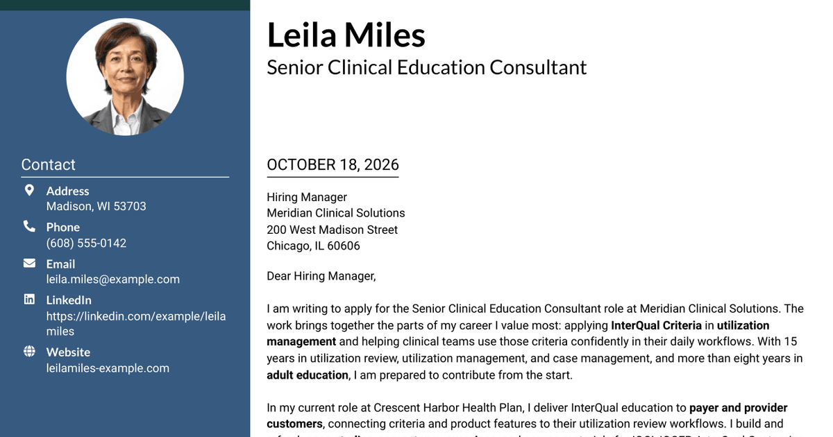 7 Senior Clinical Education Consultant - Utilization Management Software Cover Letter Templates with Example