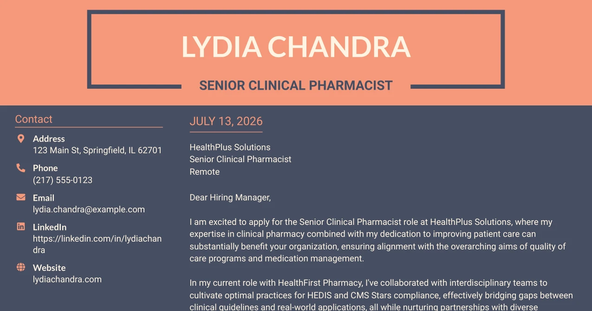 30+ Senior Clinical Pharmacist Cover Letter Templates with Example 2026
