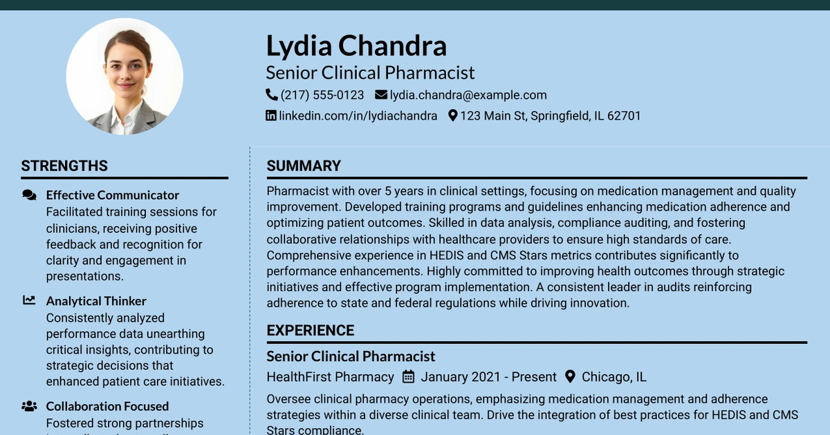33 Senior Clinical Pharmacist Resume Templates with Example 2026 (ATS-Optimized)