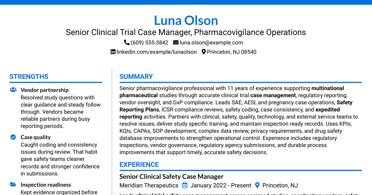7 Senior Clinical Trial Case Manager - Pharmacovigilance Operations Resume Templates with Example