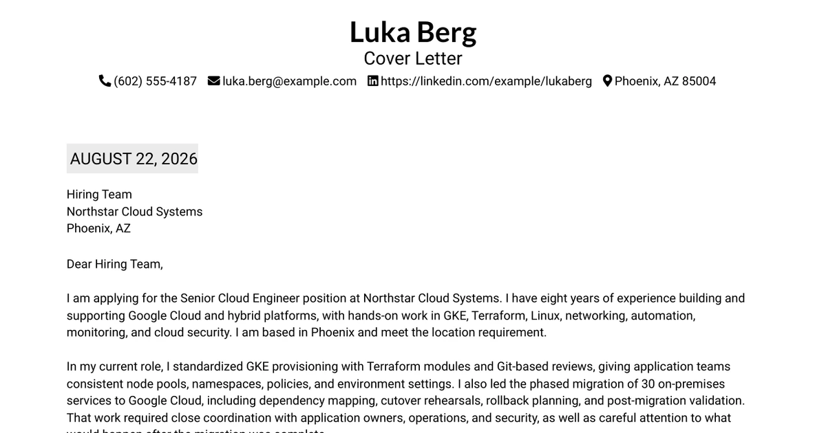 30+ Senior Cloud Engineer – Google Cloud Engineer Cover Letter Templates with Example 2026