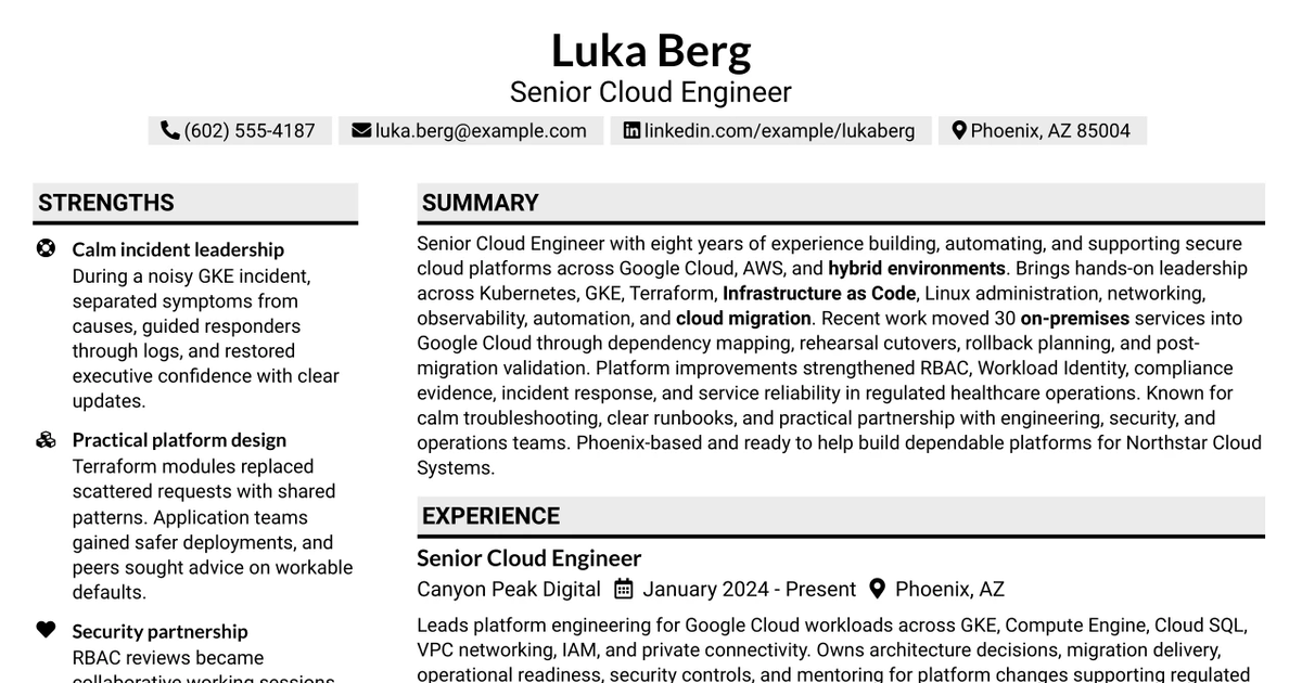 33 Senior Cloud Engineer – Google Cloud Engineer Resume Templates with Example 2026 (ATS-Optimized)