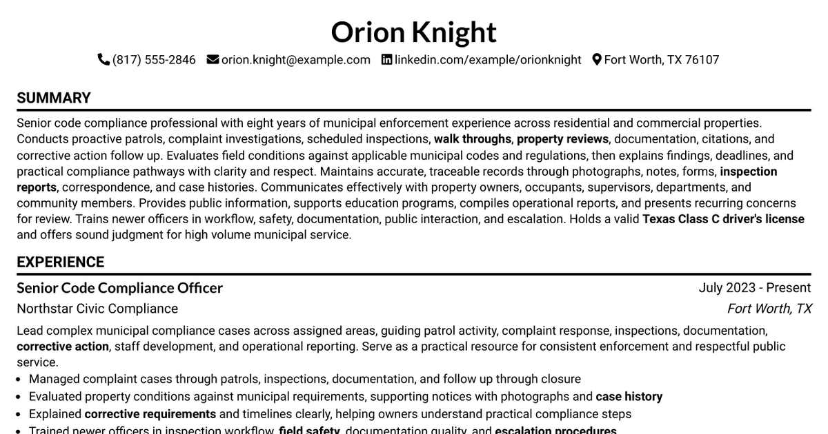 7 Senior Code Compliance Officer Resume Templates with Example