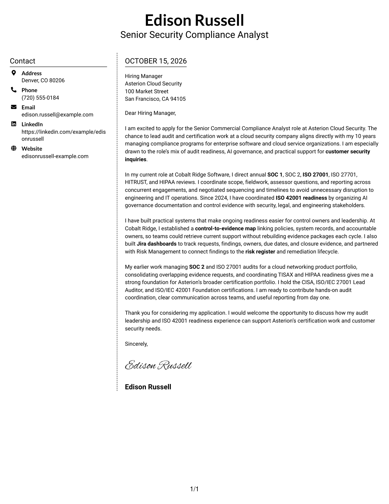 Cover letter example — page 1