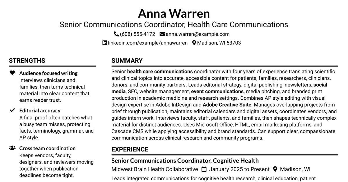 7 Senior Communications Coordinator - Health Care Communications Resume Templates with Example