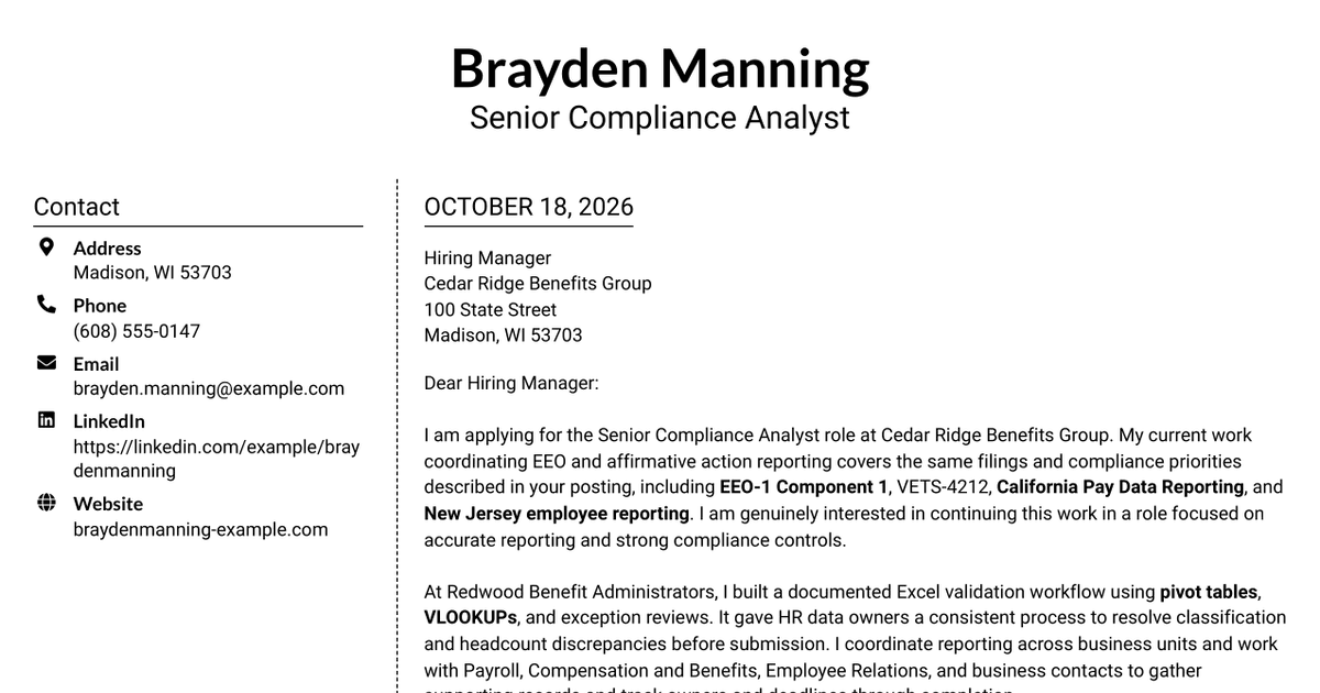 7 Senior Compliance Analyst - EEO and Affirmative Action Reporting Cover Letter Templates with Example