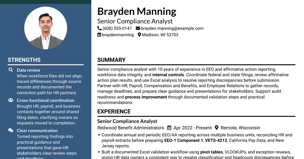 7 Senior Compliance Analyst - EEO and Affirmative Action Reporting Resume Templates with Example