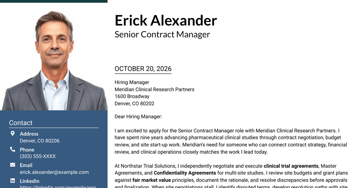 7 Senior Contract Manager - Clinical Trial Agreements Cover Letter Templates with Example