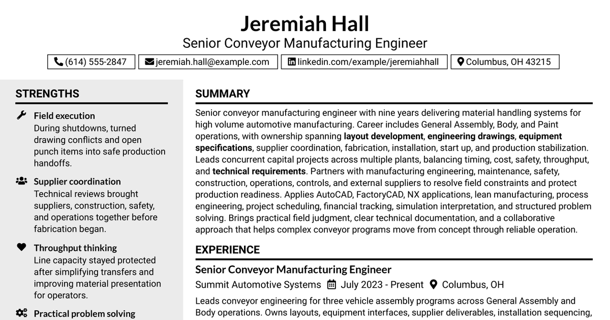 7 Senior Conveyor Manufacturing Engineer Resume Templates with Example