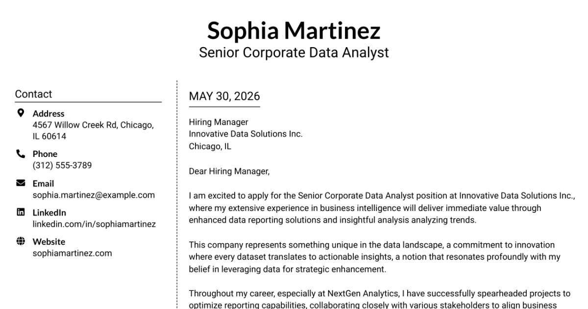 30+ Senior Corporate Data Analyst Cover Letter Templates with Example 2026