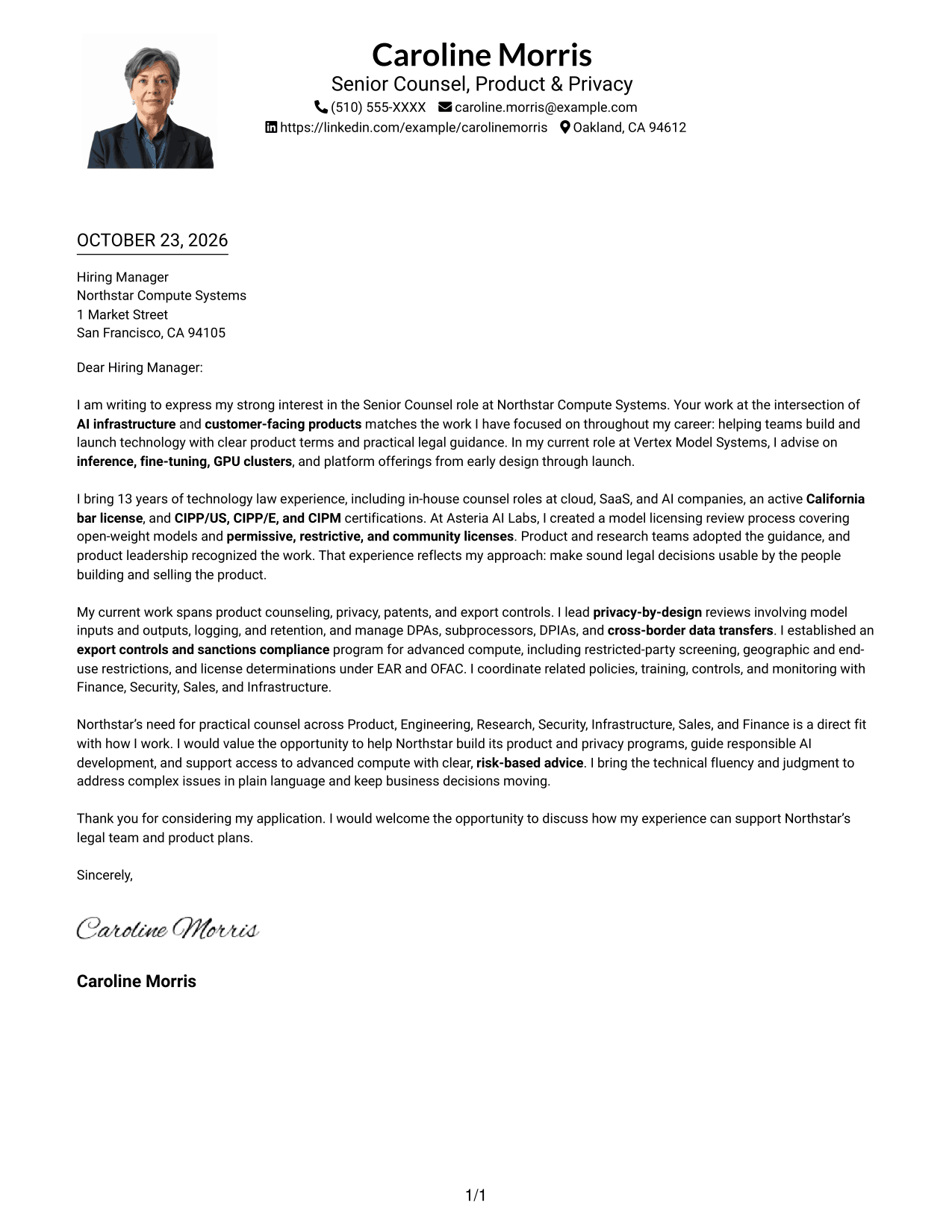 Cover letter example — page 1