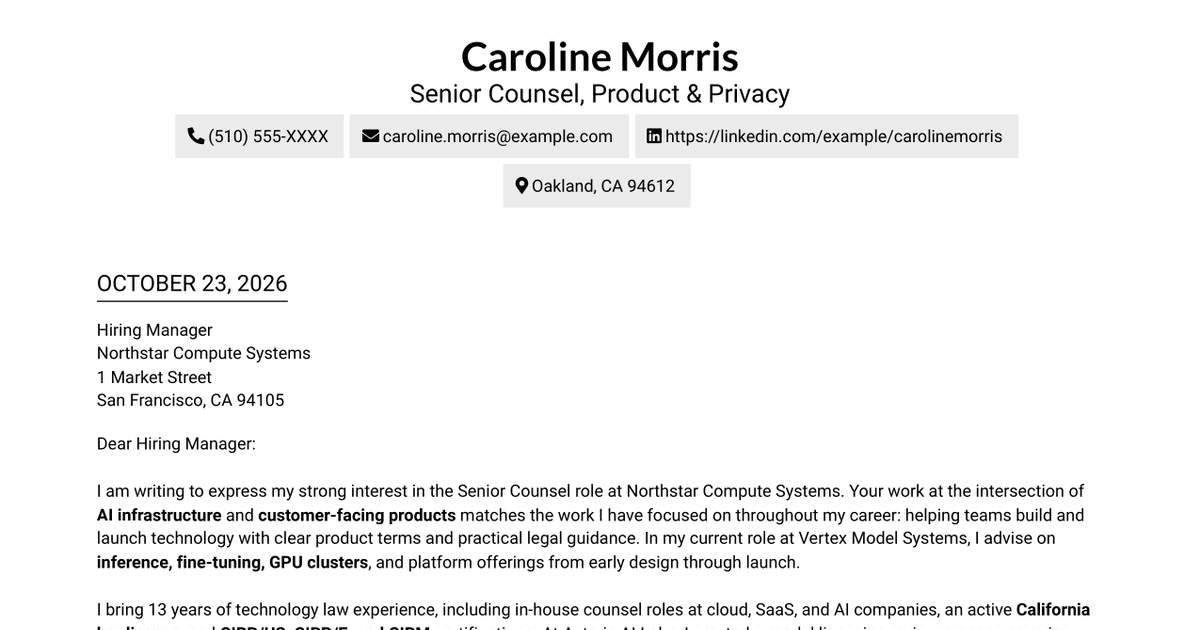 Senior Counsel - Product & Privacy Cover Letter