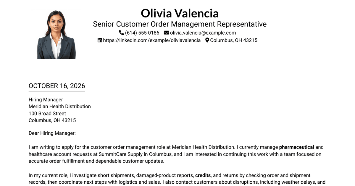 7 Senior Customer Order Management Representative - Pharmaceutical Orders Cover Letter Templates with Example