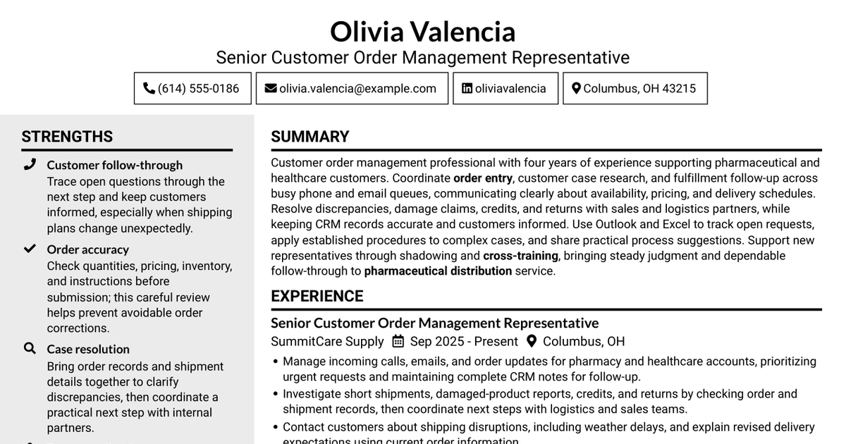 7 Senior Customer Order Management Representative - Pharmaceutical Orders Resume Templates with Example
