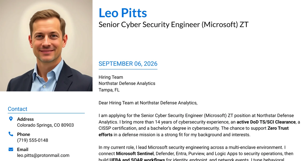30+ Senior Cyber Security Engineer (Microsoft) ZT Cover Letter Templates with Example 2026