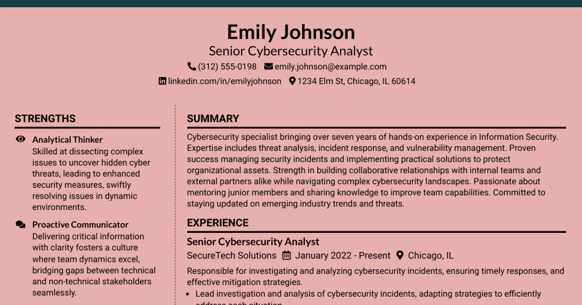 33 Senior Cybersecurity Analyst Resume Templates with Example 2026 (ATS-Optimized)