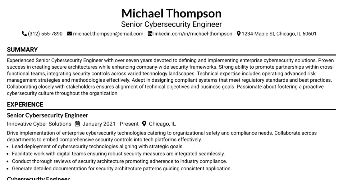 33 Senior Cybersecurity Engineer Resume Templates with Example 2026 (ATS-Optimized)