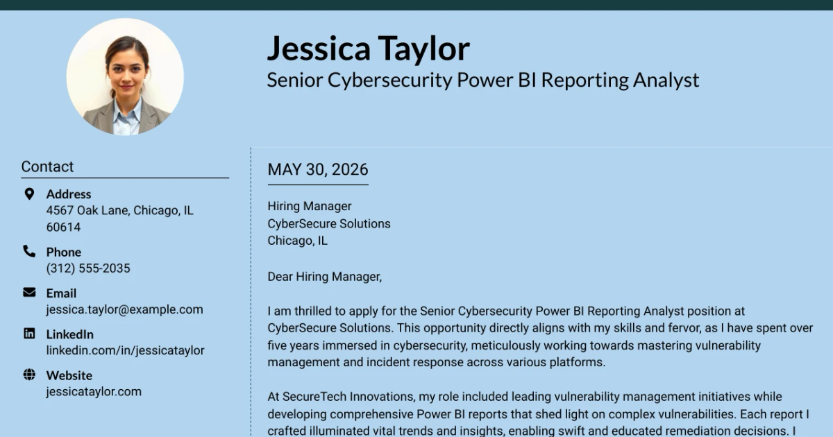 30+ Senior Cybersecurity Power BI Reporting Analyst Cover Letter Templates with Example 2026