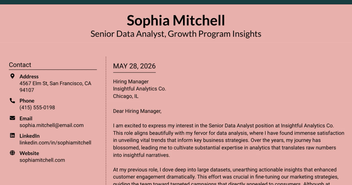 30+ Senior Data Analyst, Growth Program Insights Cover Letter Templates with Example 2026
