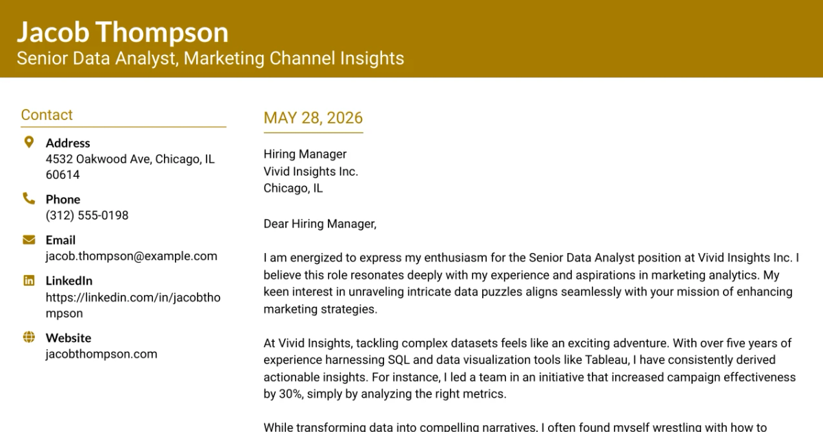 30+ Senior Data Analyst, Marketing Channel Insights Cover Letter Templates with Example 2026