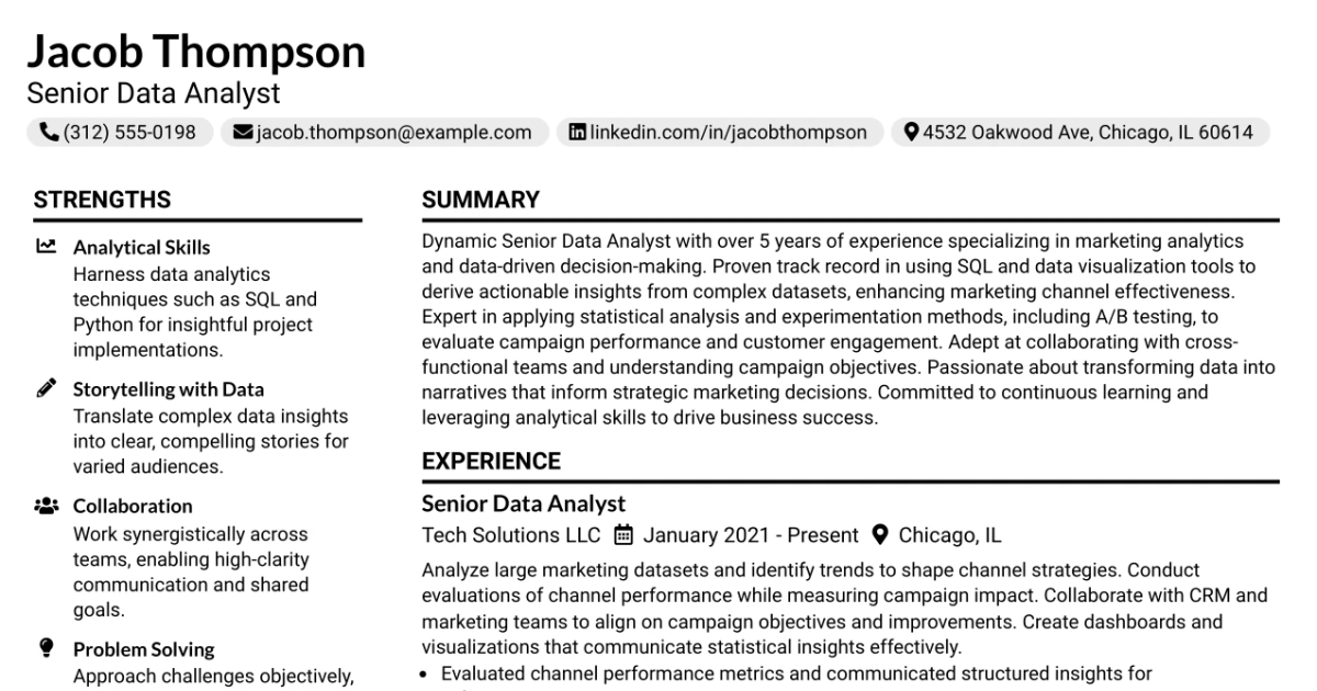 33 Senior Data Analyst, Marketing Channel Insights Resume Templates with Example 2026 (ATS-Optimized)