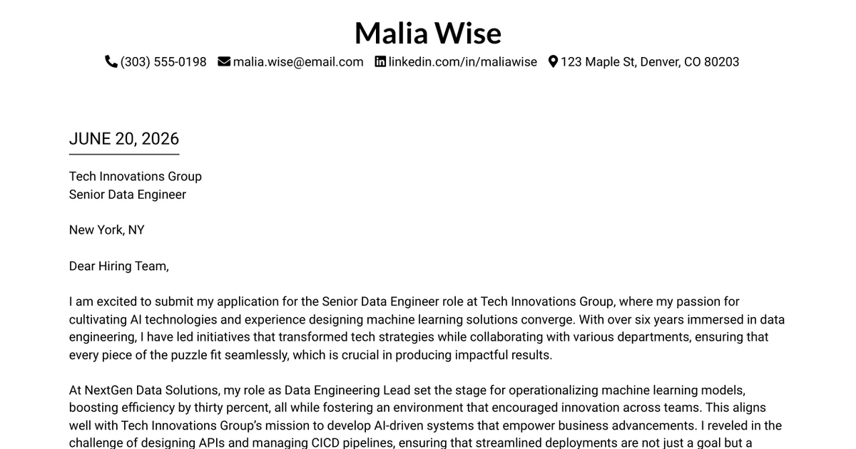 30+ Senior Data Engineer Cover Letter Templates with Example 2026
