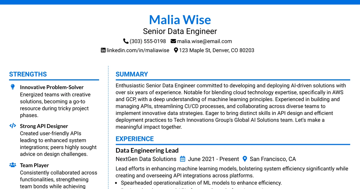 33 Senior Data Engineer Resume Templates with Example 2026 (ATS-Optimized)