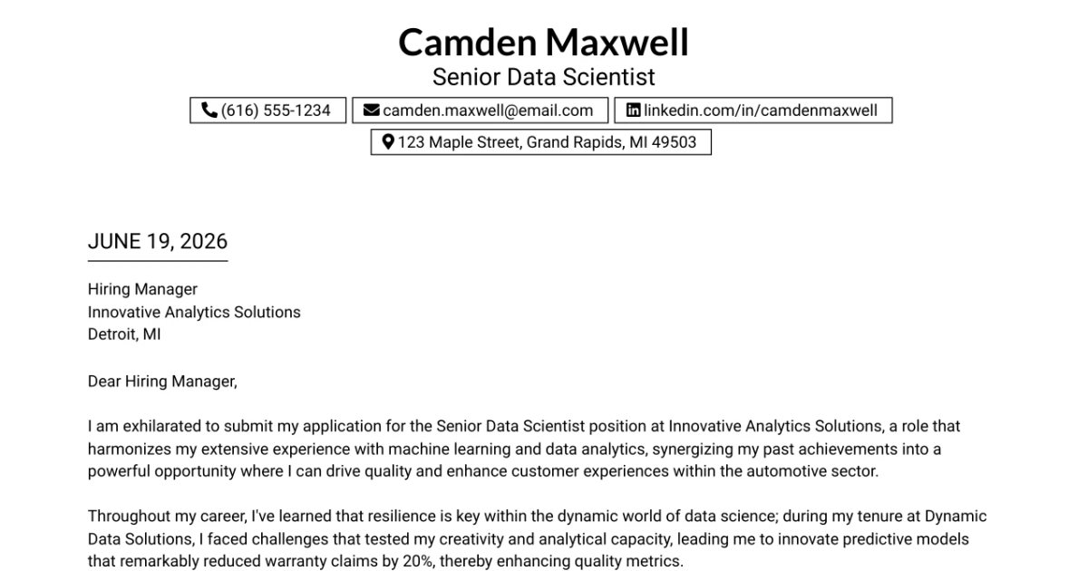 30+ Senior Data Scientist Cover Letter Templates with Example 2026