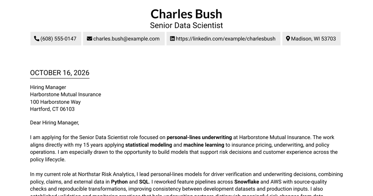 7 Senior Data Scientist - Personal Lines Underwriting Cover Letter Templates with Example