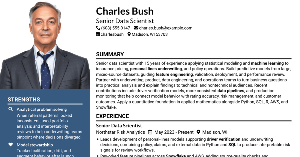 7 Senior Data Scientist - Personal Lines Underwriting Resume Templates with Example