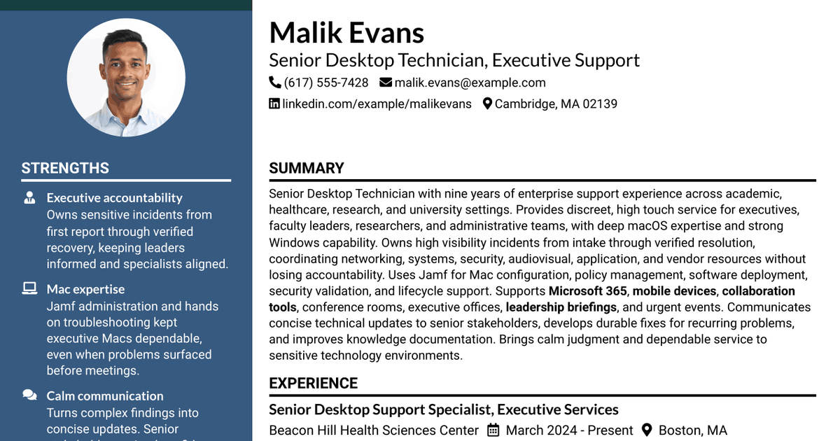 7 Senior Desktop Technician - Executive Support Resume Templates with Example